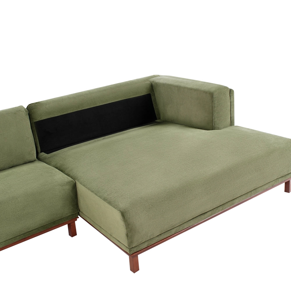 Divano angolare a sinistra Rivestimento velluto a coste verde Gambe in legno Spesso imbottito Mobili da salotto in stile moderno