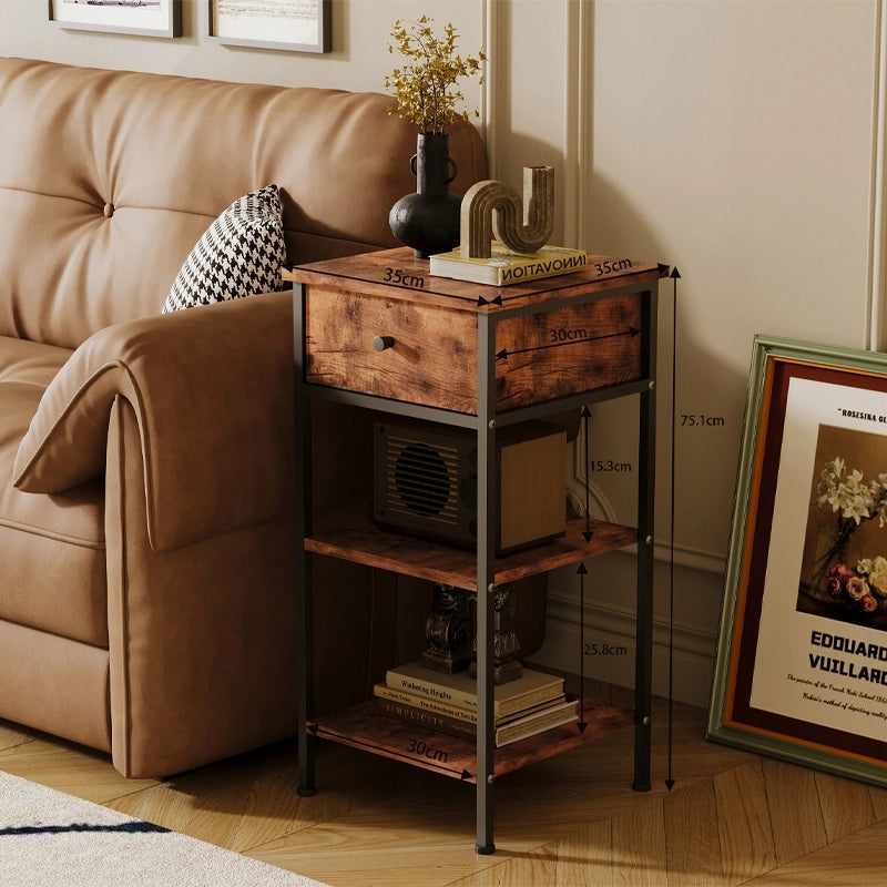 Comodino, cassettiera e ripiano in stile loft industriale retrò color marrone