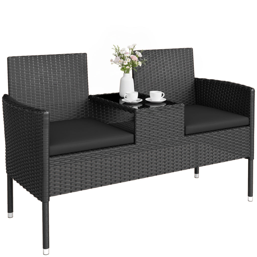 Divanetto 2 Posti per Esterni con Tavolino ¨C zephmum ¨C Acciaio e Rattan, Nero, 137x59x82 cm