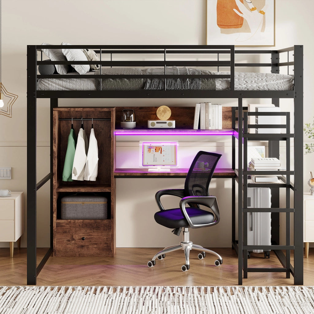 OKWISH Letto a Soppalco 140×200 cm, Letto Matrimoniale con LED 16 Colori, Scrivania, 1 Cassetto, Mensole e Sponda, senza Materasso, Nero