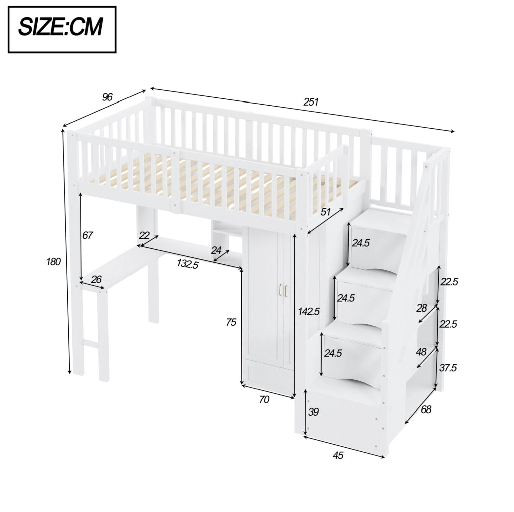 Letto a soppalco 90x200 cm in legno massello bianco con armadio; tavolo e scala contenitore