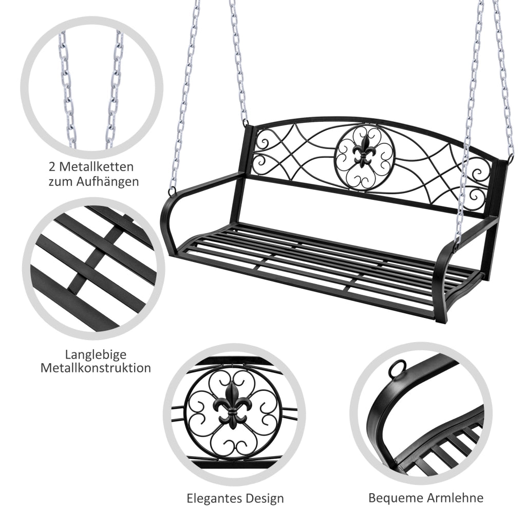 Altalena Hollywood da giardino due posti panca appesa con catene metalliche finitura nera struttura stabile design compatto per esterni domestici