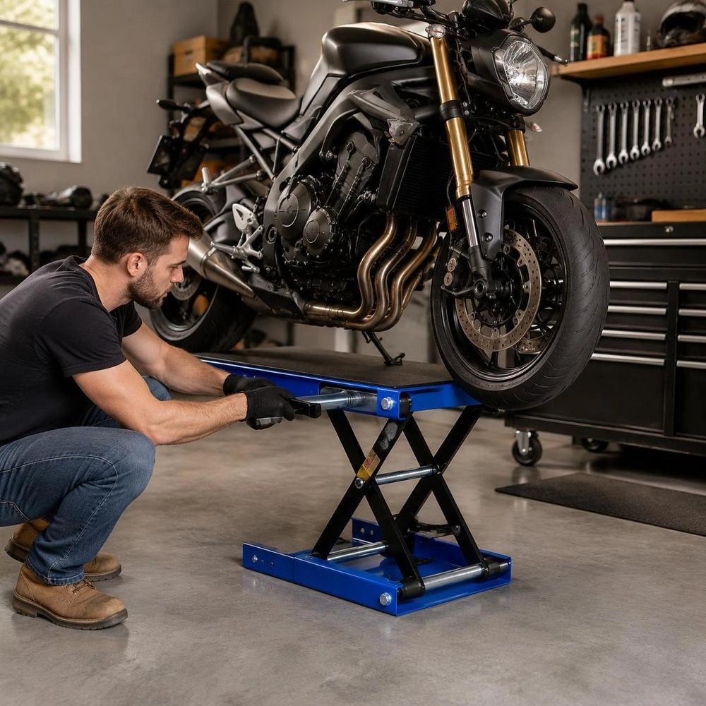 Martinetto A Forbice, Piattaforma Di Sollevamento Compatta Carico Max 499 Kg, Escursione Di Sollevamento 9.5-34 Cm Per Manutenzione Moto Da Officina Garage, Sollevatore In Acciaio, Colore Blu