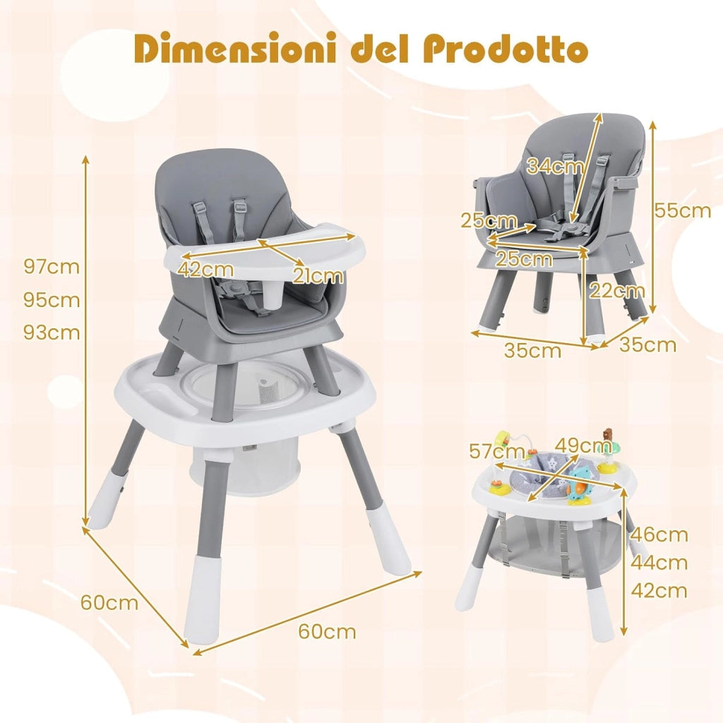 Seggiolone Pappa Bambini, con Cintura e Vassoio Rimovibile (Grigio) | Sedia Evolutiva per Neonati 6-36 Mesi con Cintura e Vassoio Rimovibile, 3 Giochi e Cestino