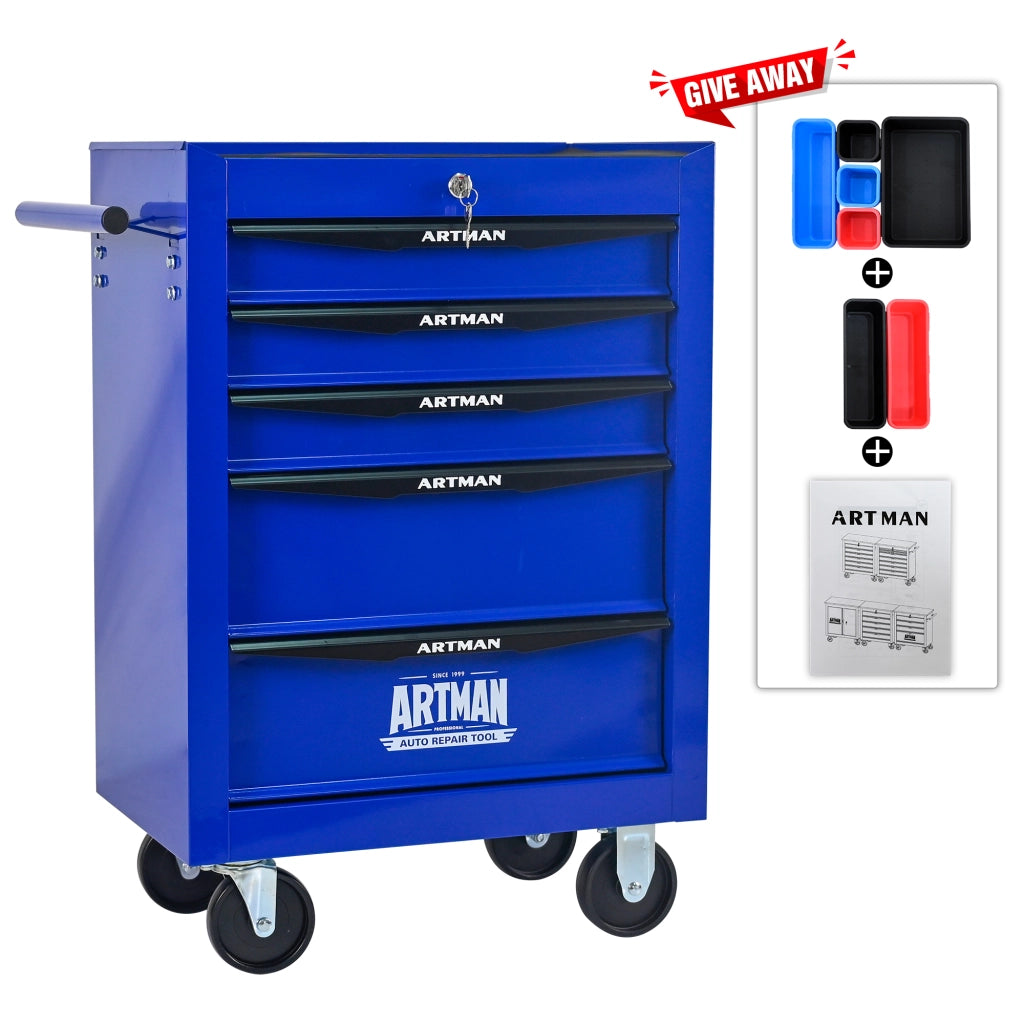 CARRELLO PORTAUTENSILI 5 Cassetti con ruote, acciaio nero e blu