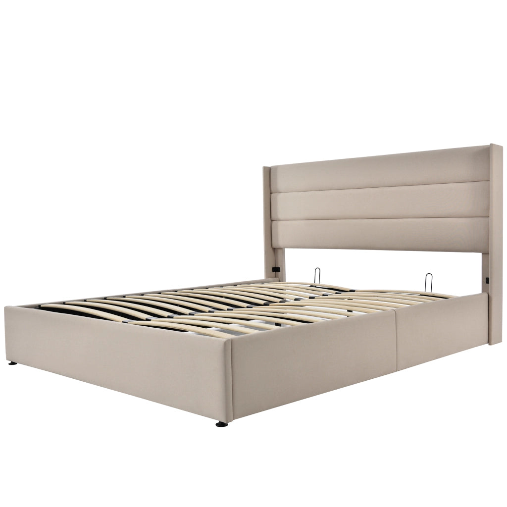 Letti contenitori 160x200 cm; idraulico con testiera imbottita; lino; beige (Senza materasso)