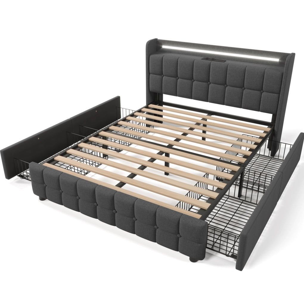Letto matrimoniale 160x200 cm con LED; prese USB e 4 cassetti; legno grigio
