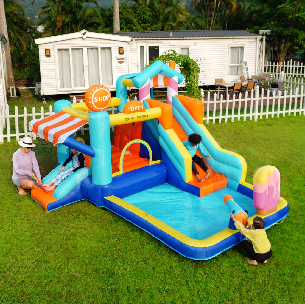 Castello gonfiabile per bambini con 2 scivoli; area giochi d'acqua; gonfiatore 450W; blu
