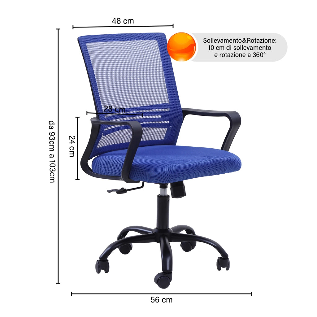 Sedia Da Ufficio In Rete,Supporto Lombare Regolabile In Altezza,Girevole,Poltrona Da Scrivania Con Seduta Traspirante Inclinazione Ad Ondeggiamento Pistone Gas - Blu