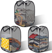 3x Wascio op-pieghevole 36x36x58 cm – Wascio a pop-up nero – Sacca da bucato portatile di tessuto a rete per bagno e campeggio
