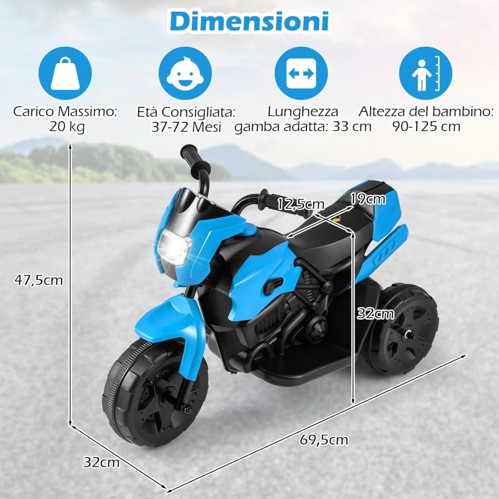 6V Moto Elettrica per Bambini, Moto a 3 Ruote con Fari LED, Pedale a Piedi, Veicolo Elettrico a Batteria per Bambini 37-72 Mesi (Blu)