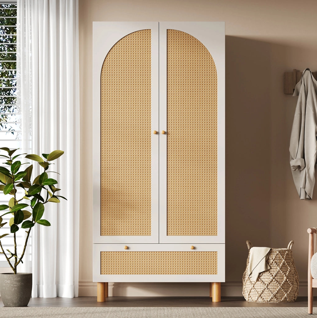 Armadio guardaroba a 2 ante con effetto rattan; 180;5x85;5x52 cm; bianco
