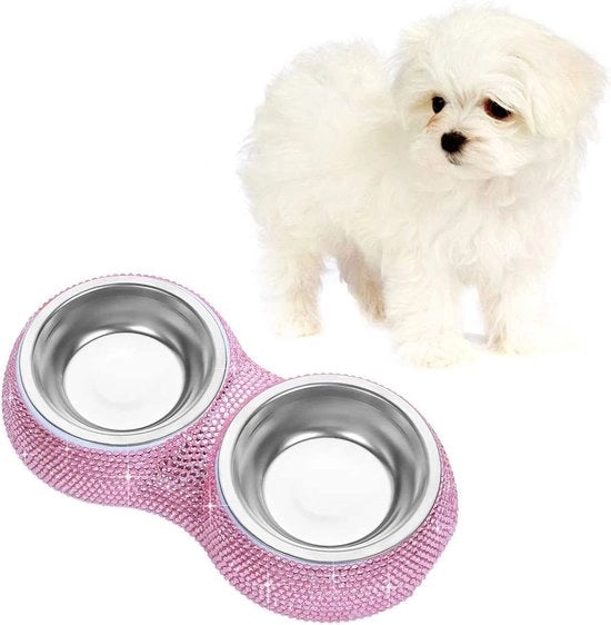 Dispensatore di Cibo per Cani con Rhinestelle e Doppio Uso - Tavolo per Cibo con Dispensatore di Acqua - Rosa