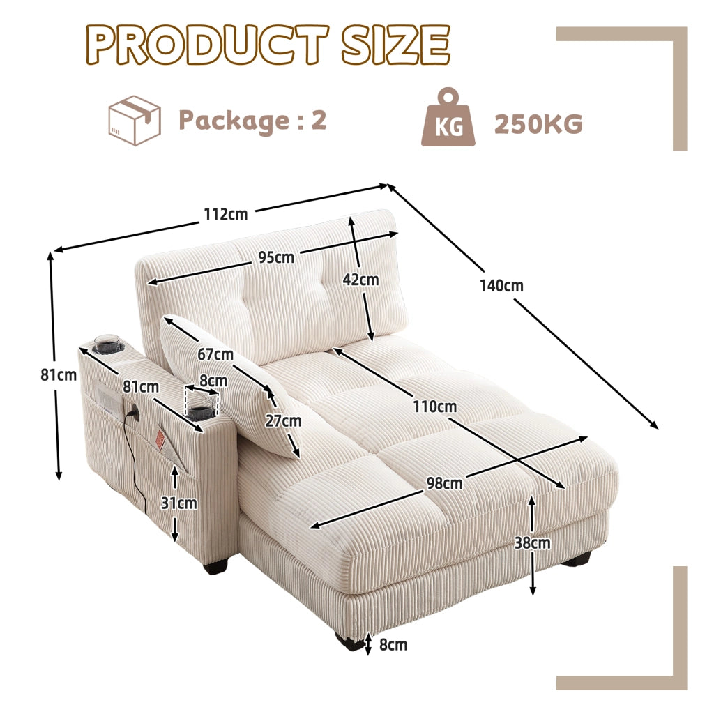 Poltrona Lounge con USB e Portabicchieri; Poggiatesta Regolabile; Tasca Laterale; in Velluto a Coste Beige