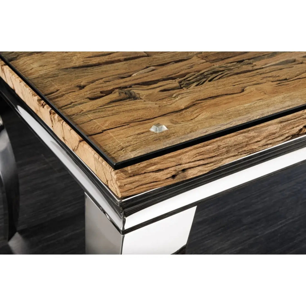 Tavolo da pranzo VELENA – Rettangolare 200 cm – Legno di teak, vetro e acciaio argentato – Stile barocco chic