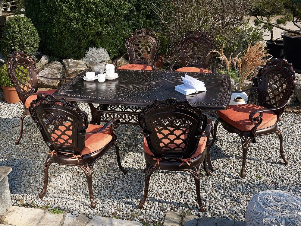 Set da pranzo da giardino Tavolo da esterno in alluminio marrone 6 sedie vintage