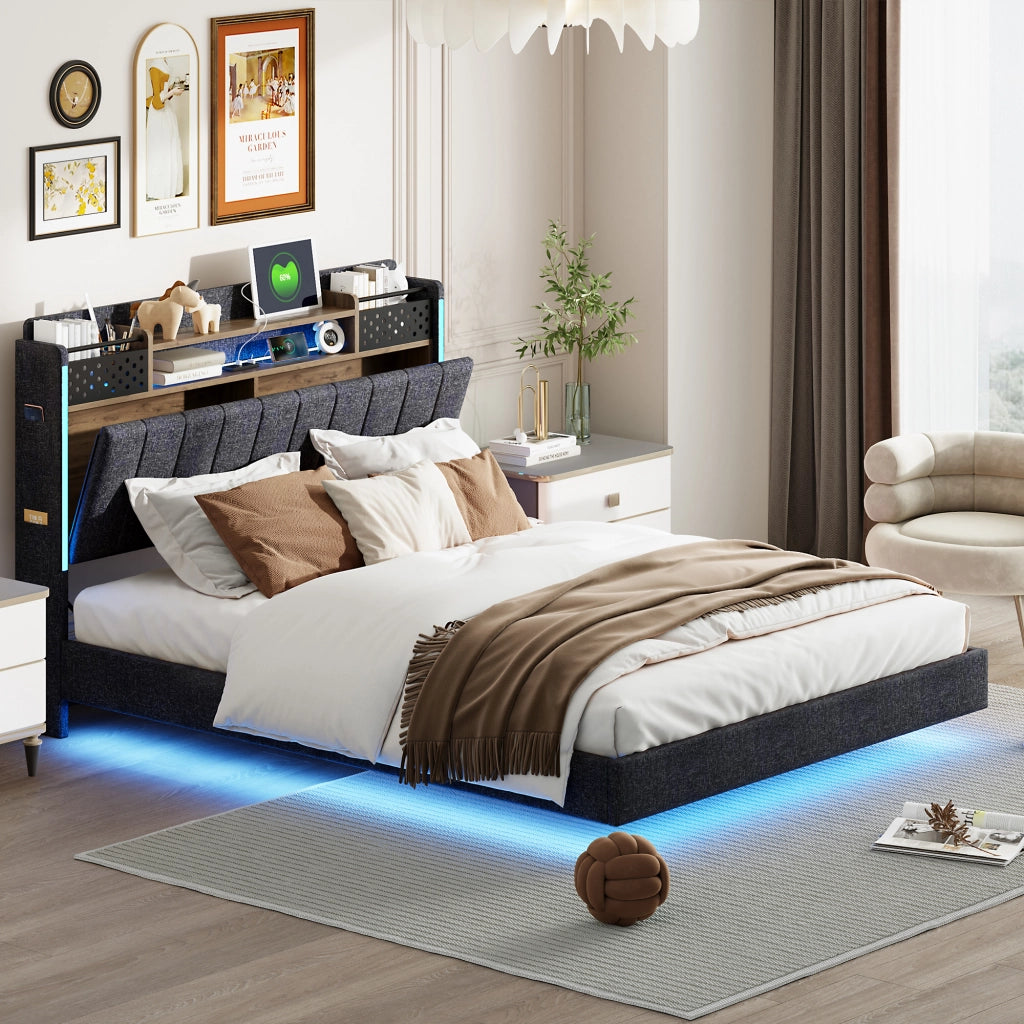 OKWISH Letto Matrimoniale 140×200 cm con USB, LED Regolabile e Contenitore, senza Materasso, in Tessuto Imbottito, Grigio
