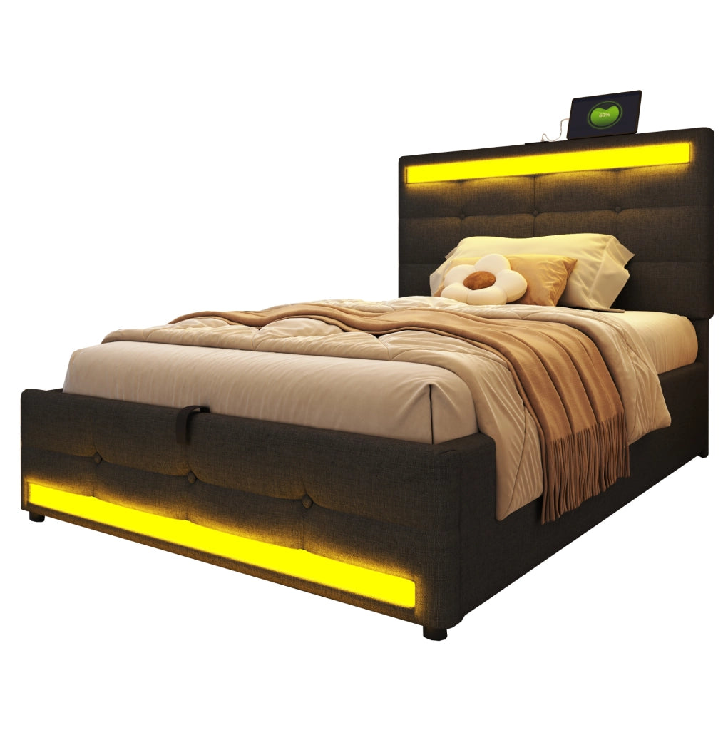 Letto imbottito singolo 90x200 cm con LED RGB; USB e testiera regolabile; grigio