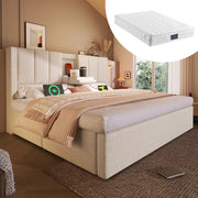 Letto imbottito 160x200 cm con porta tazze e stazione di ricarica USB/Type-C, contenitore idraulico, con materasso