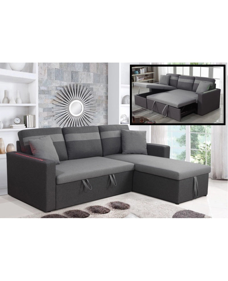 Divano letto contenitore, reversibile angolare, led, microfibra grigio chaise longue Sicorage Tuky