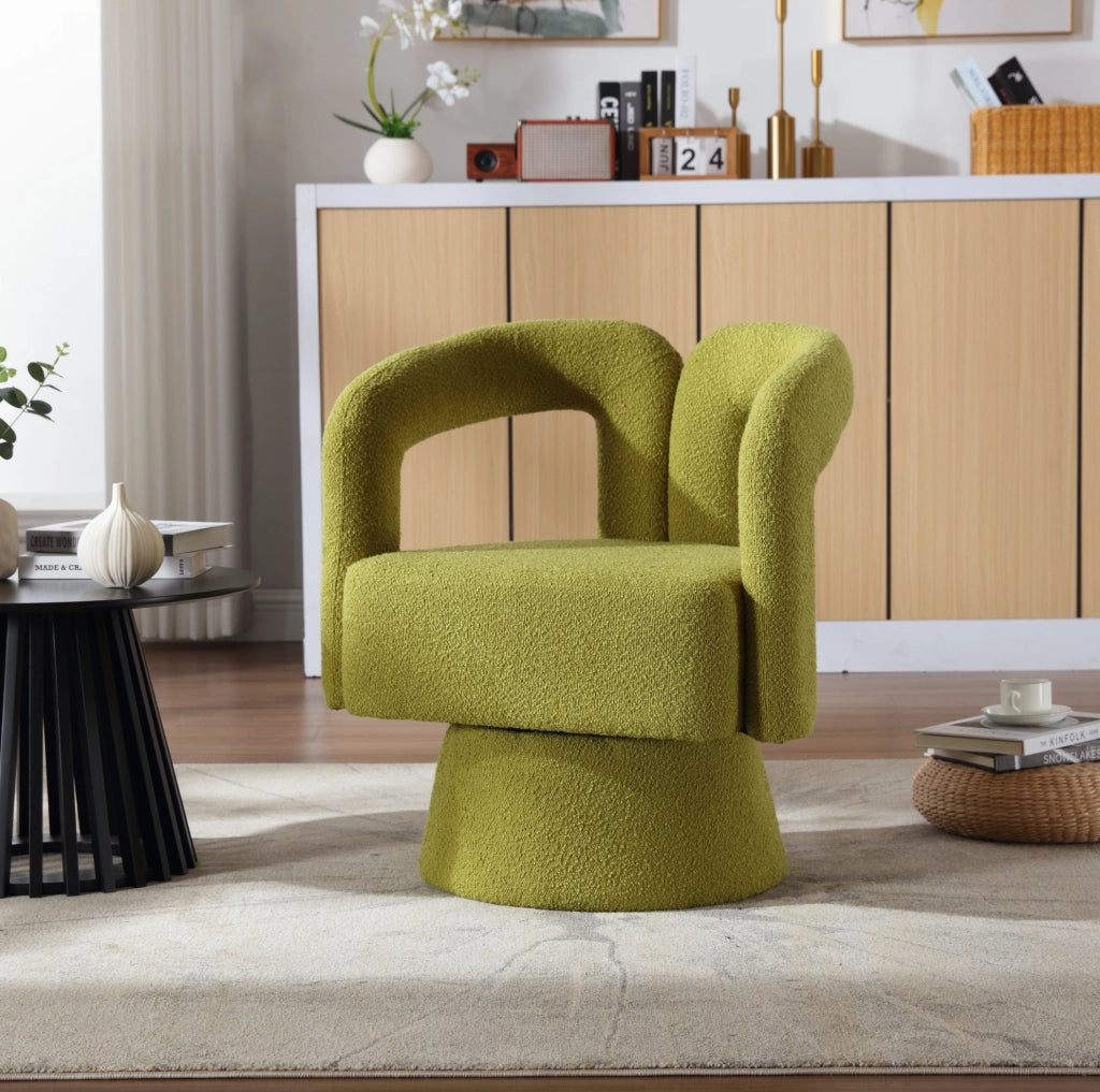 Poltrona girevole a 360° in bouclé verde oliva; 67 × 55 × 74 cm