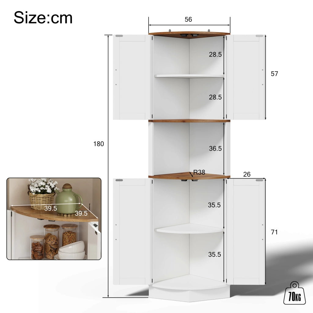 Mobile angolare con 2 ante 1 vano aperto e 4 ripiani vintage per cucina e soggiorno in MDF bianco 39,5 × 39,5 × 180 cm