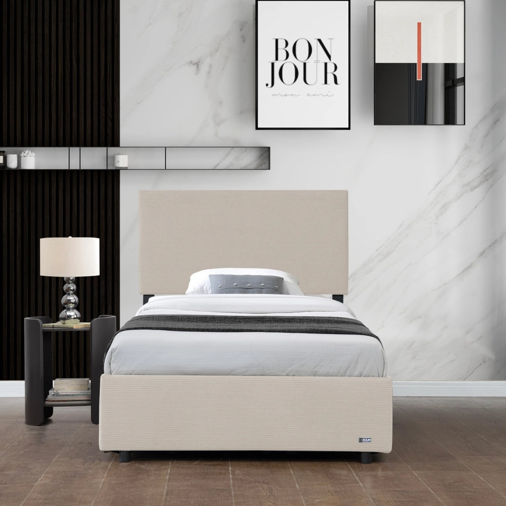 Letto Contenitore Juva con Apertura a Ribalta Letto Singolo 90x200 cm Velluto a Coste Beige Corium