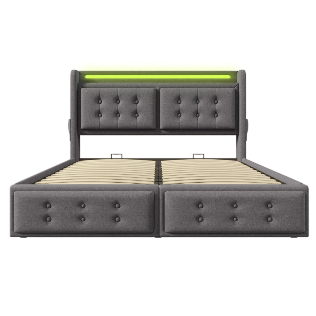Letti contenitori 160x200 cm con LED e prese USB; cotone lino; grigio (Senza materasso)