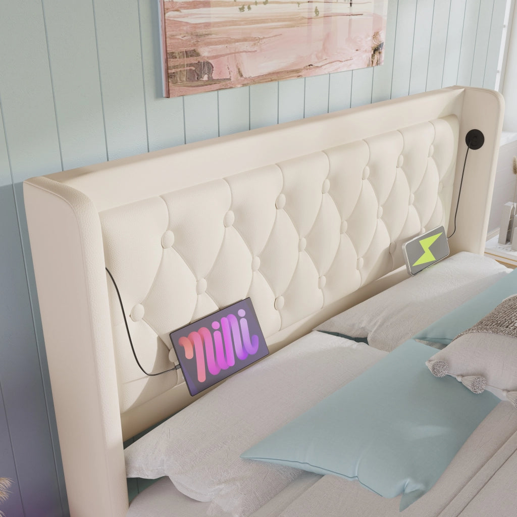 Letto imbottito matrimoniale 140x200 cm bianco con materasso, contenitore idraulico, testiera con USB Type-C e LED a 3 lati