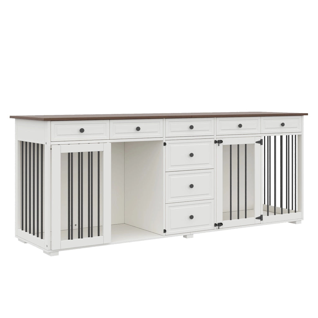 Mobiliario per cani da interno con 8 cassetti, struttura in MDF e metallo, 200 x 60 x 85 cm, bianco e piano noce