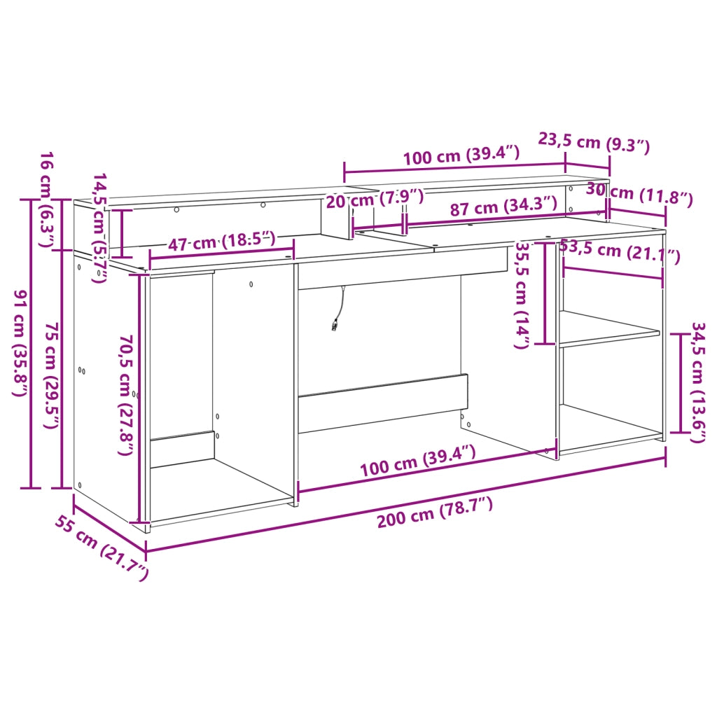 Scrivania Rovere Nero 200x55x91 cm Legno ingegnerizzato