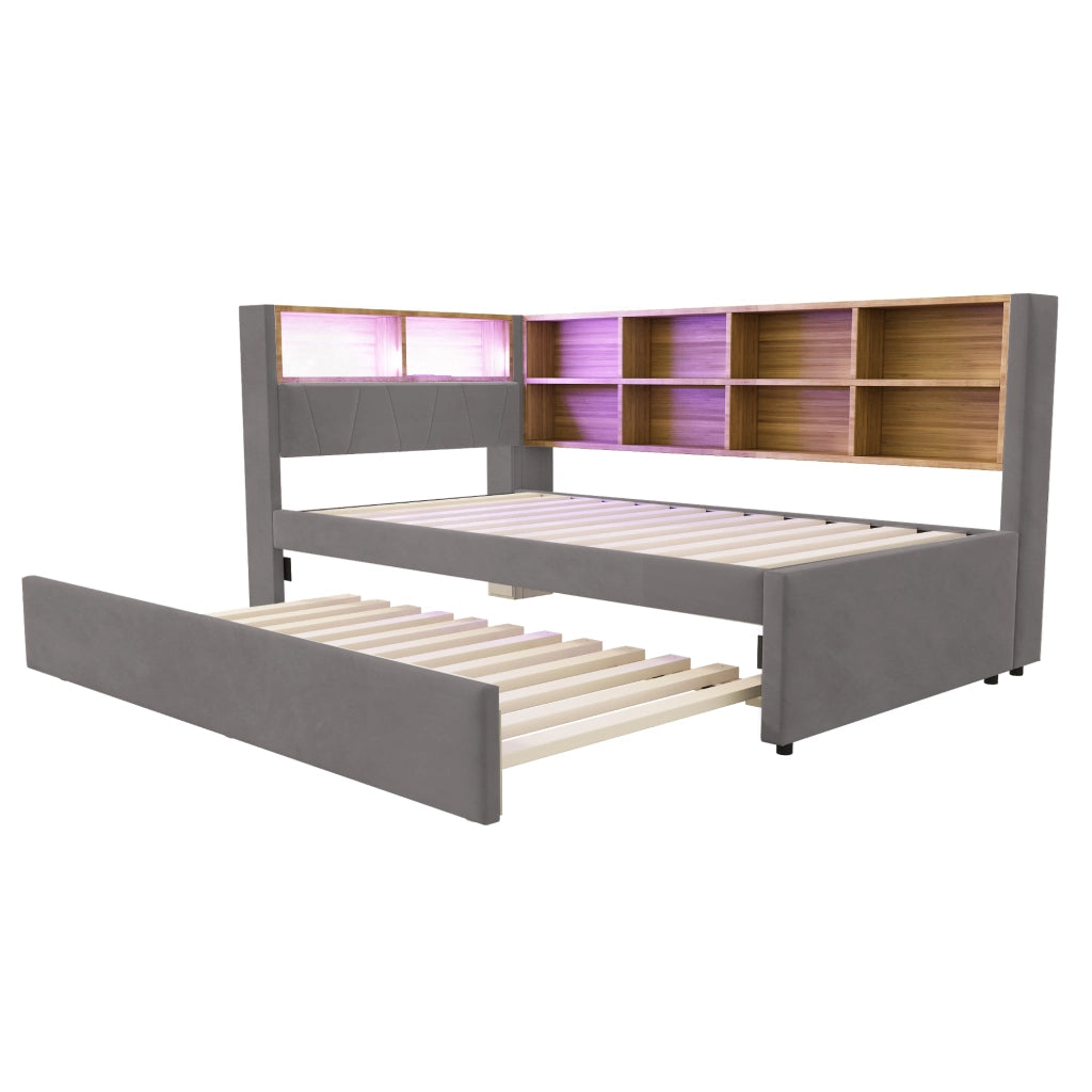 Divano letto multifunzionale 90x200 cm con letto estraibile 90x190 cm, LED, prese, vano contenitore, flanella grigio scuro