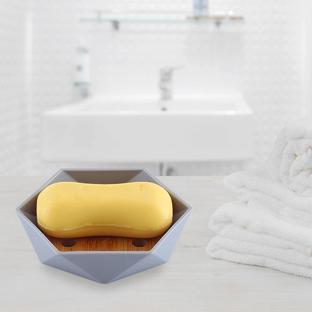Trade Shop - Piattino Porta Sapone Saponetta Forma Esagonale Geometrico Grigio Legno Da Bagno 10848 -