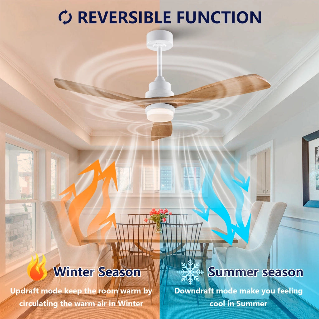 Ventilatore da soffitto 52 pollici con luce, telecomando, funzione dimmer, pale legno massello, risparmio energetico, motore DC silenzioso