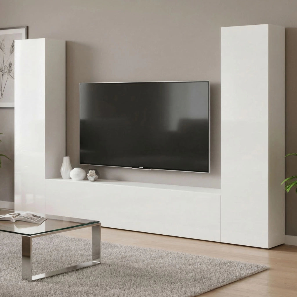 Mobile Soggiorno Natasha, Parete Attrezzata 9 Ripiani Made in Italy, 260x30x180h cm Bianco Lucido