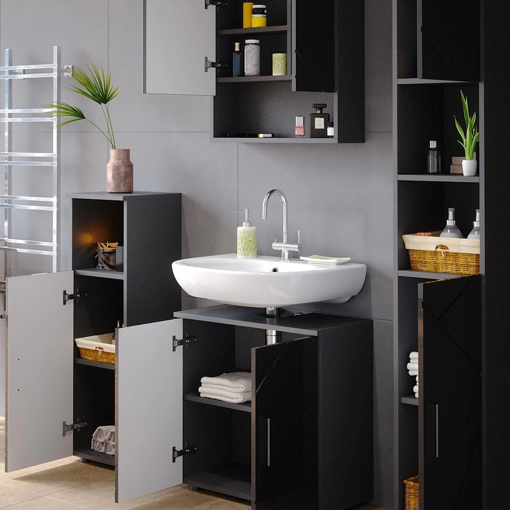 Set mobili bagno Irma, Antracite lucido, 80 cm, composto da mobile lavabo, pensile a specchio, colonna e base media