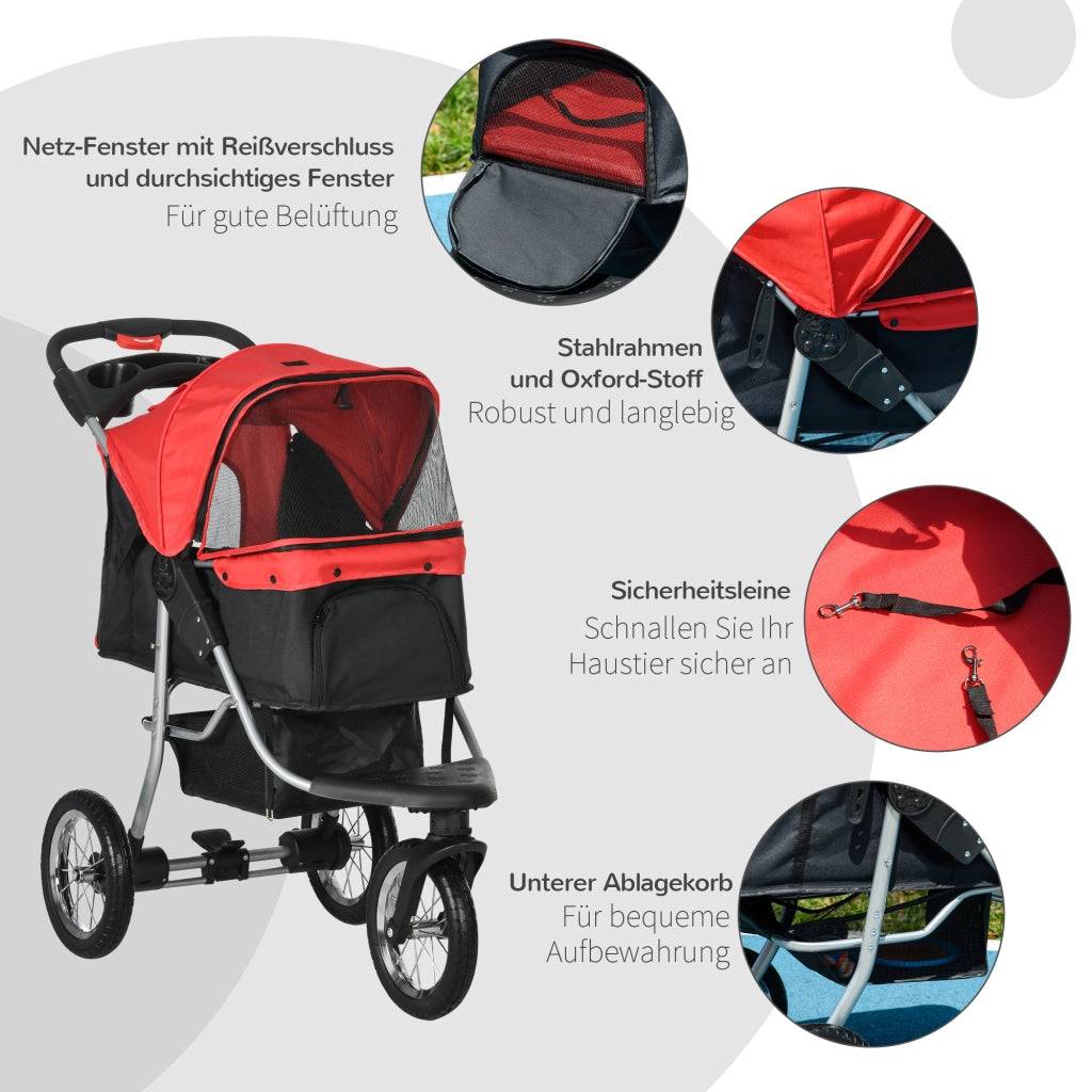 Carrello pieghevole per animali con 3 ruote, reti con zip, telo 600D Oxford, rosso