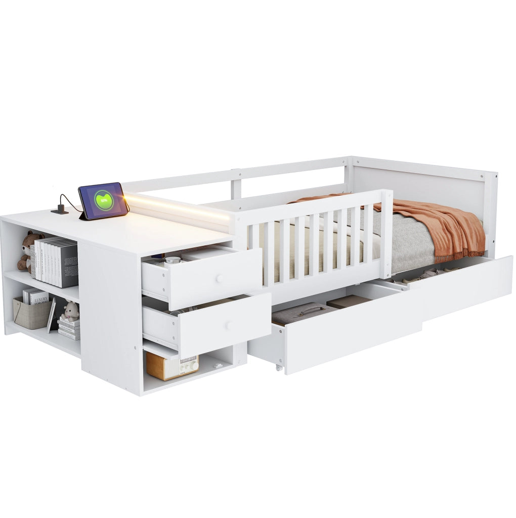 Letto a soppalco per bambini 90x200 cm con contenitore separato, prese elettriche, LED e cassetti, bianco
