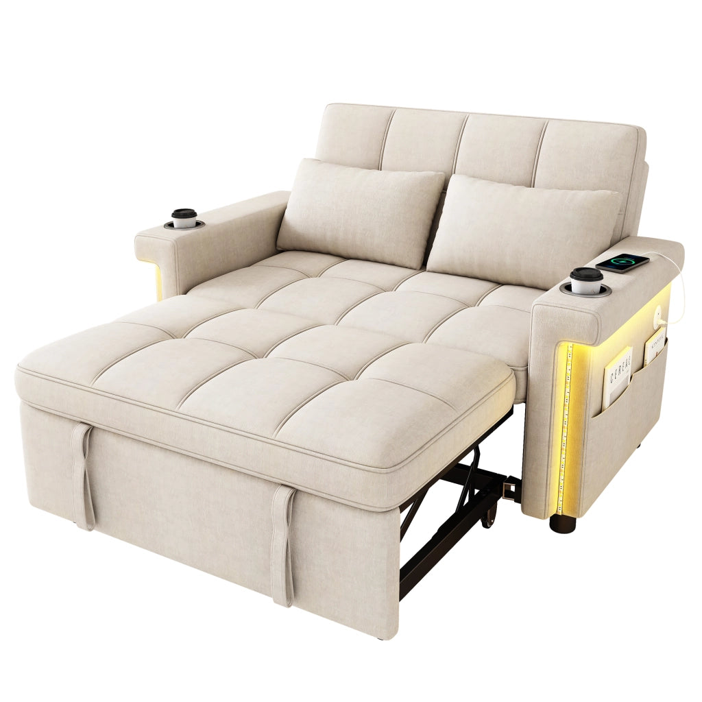 Divano letto 2 posti - con schienale regolabile; LED; USB e portabicchieri - in chenille beige
