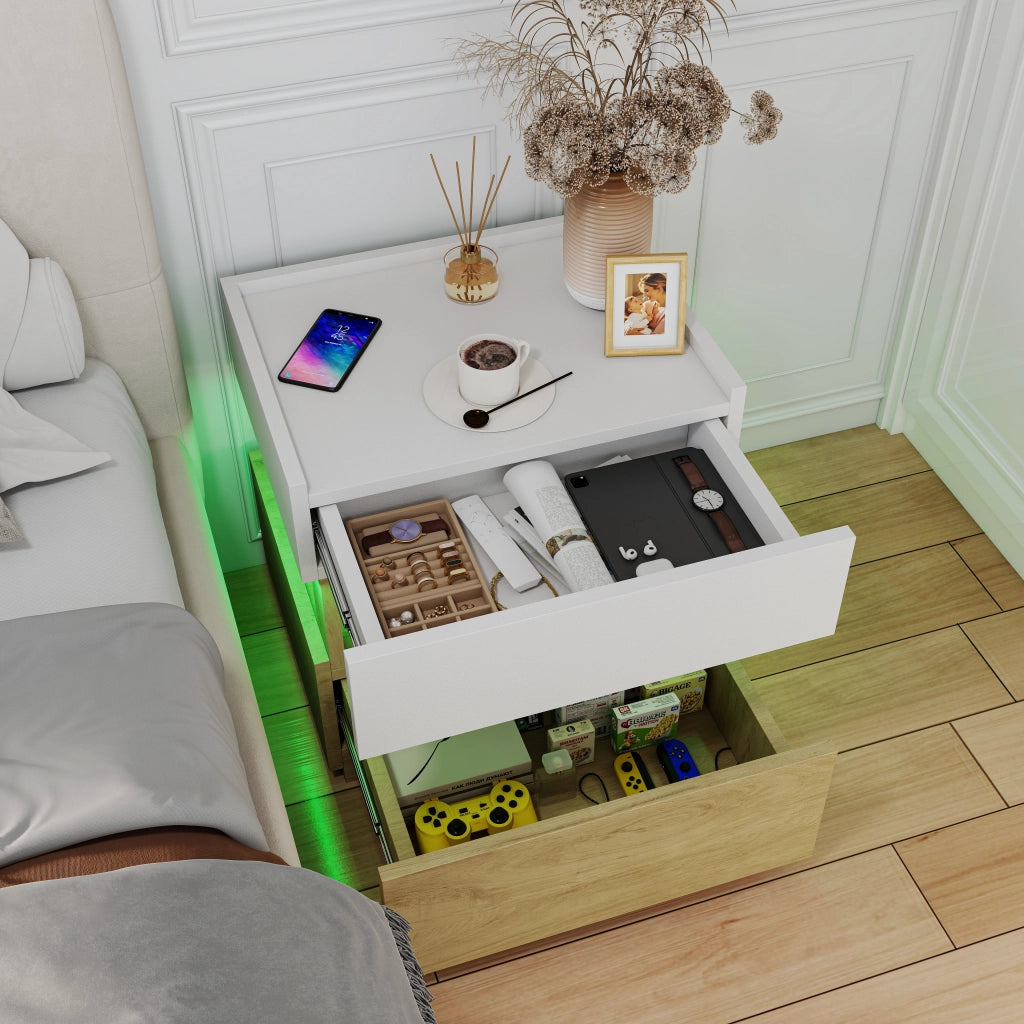 COMODINO 50x40x50 cm con ricarica wireless e LED, Bianco/Naturale, 2 cassetti