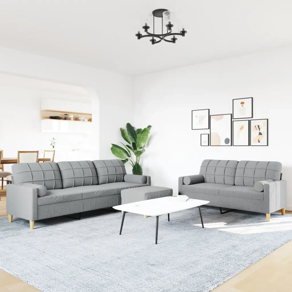 Set Divani 3 pz con Poggiapiedi e Cuscini Grigio Chiaro Tessuto