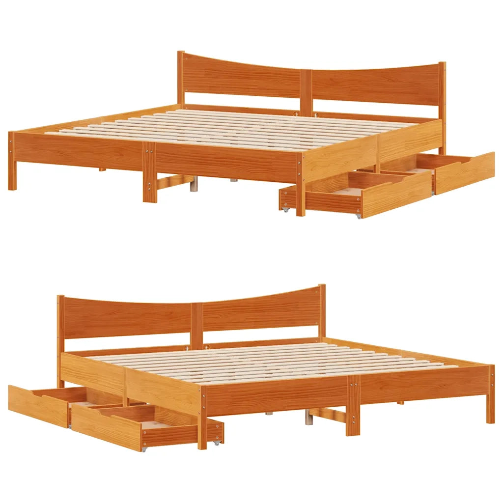 Letto matrimoniale | Letto per adulti | Giroletto con Cassetti Marrone Cera 180x200 Legno Massello Pino