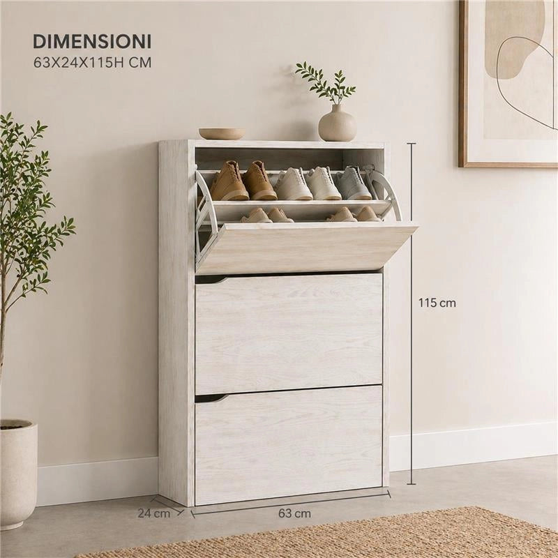 SCARPIERE A 3 ANTE CON PANNELLO RETROSTANTE IN MDF COLORE BIANCO LEGNO MISURA 63X24X115 CM LINEA HARMON