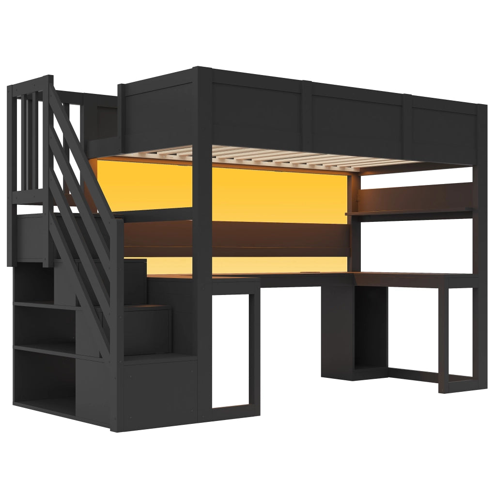 Letto a soppalco 90x200 con scrivania; scala contenitore; LED e USB; in multistrato e MDF nero per camera