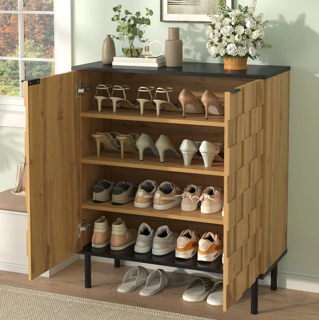 Mobile portascarpe a 2 ante con design a mosaico; 80x35x91;5 cm; effetto legno naturale