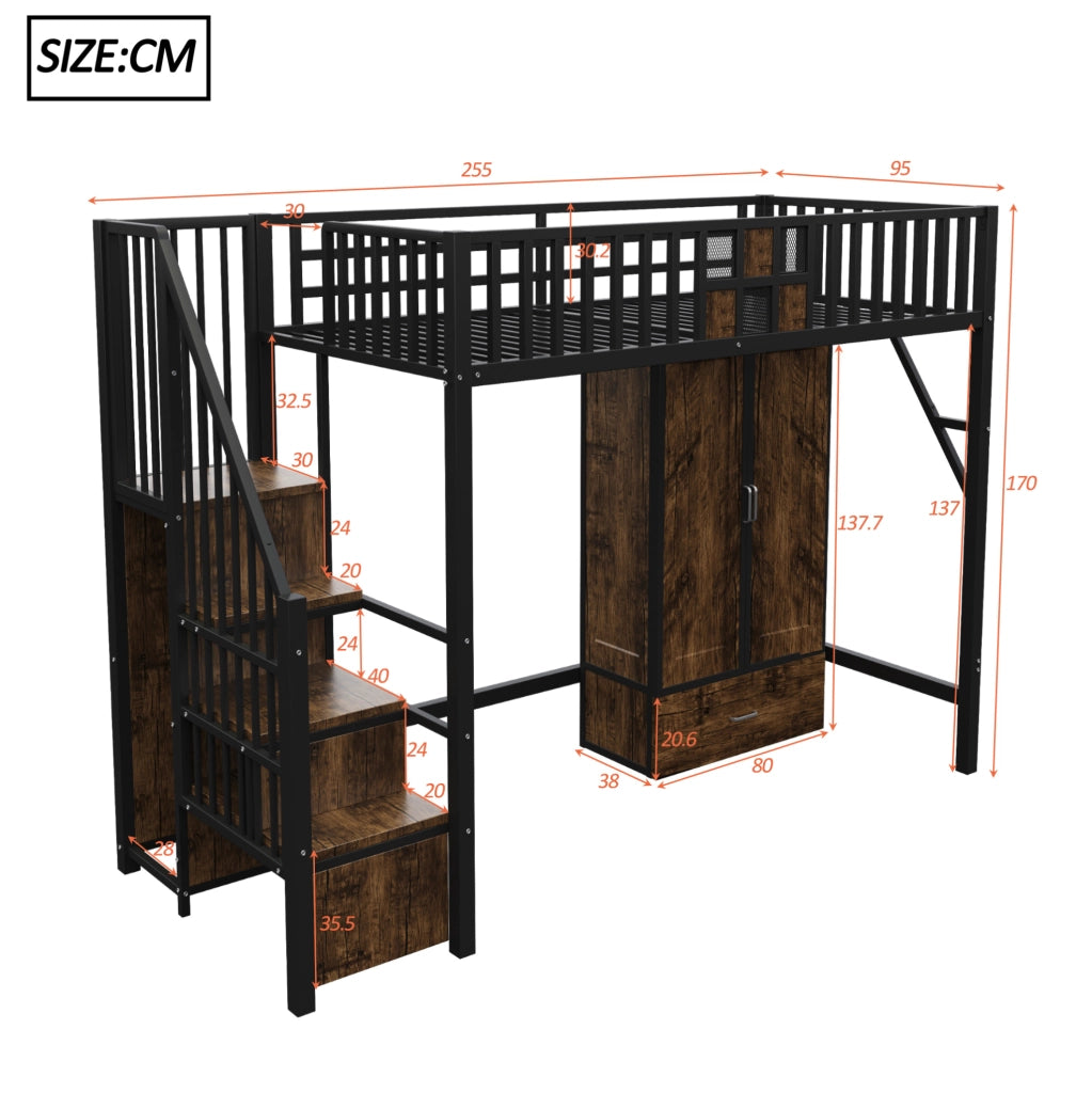 Letto a soppalco 90x200 cm in metallo e legno; nero; con armadio; cassetto e scala contenitore