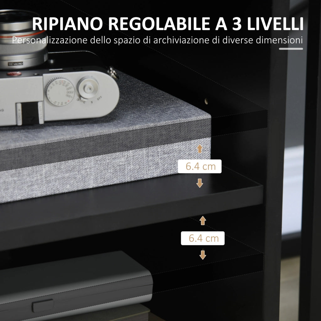 Mobile Porta Stampante 60x50x65,5 cm a Rotelle con Armadietto e 3 Ripiani Aperti in Legno Nero
