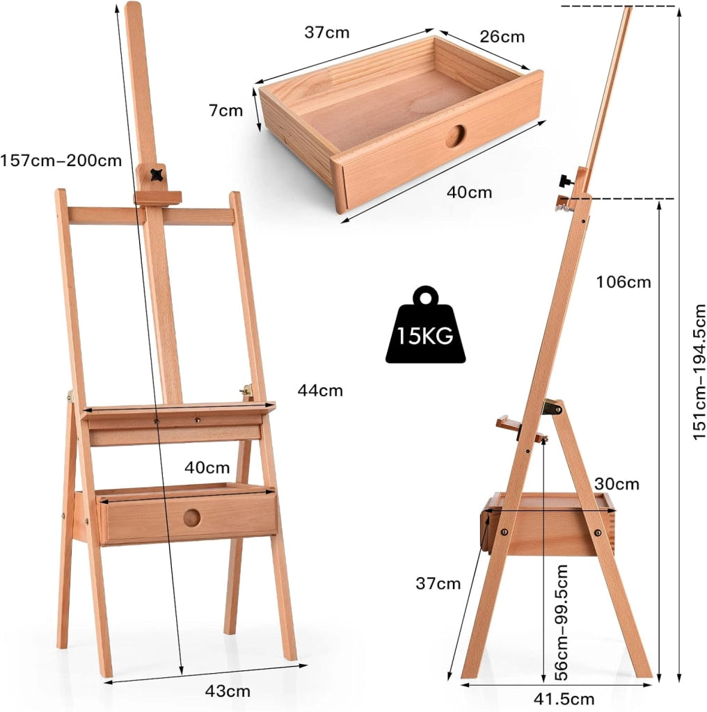 Cavalletto in Legno di Faggio Massiccio, con Ripiano e Cassetto, Cavalletto da Pavimento Regolabile in Altezza, Cavalletto per Artisti Fino a 92 cm di Altezza, 151-194,5 cm, Carico di 15 kg