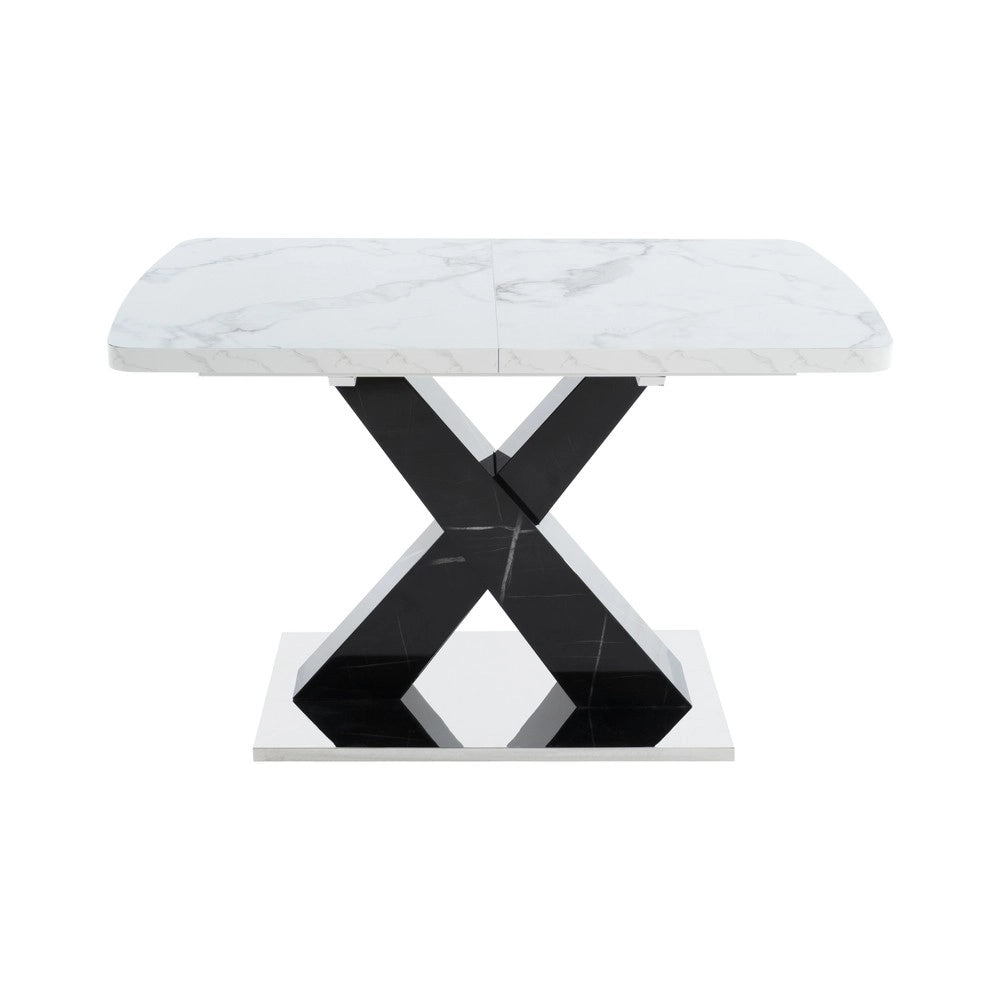 Tavolo da Pranzo Allungabile ¨C MINIMAL ¨C Piano Effetto Marmo Bianco, Gambe Nere in Metallo, 120-160 cm