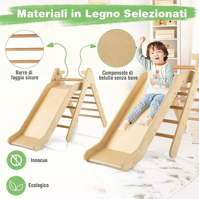 2 in 1 Set da Arrampicata con Scivolo per Bambini, Triangolo di Arrampicata in Legno Regolabile a Gradi, Giocattolo per Arrampicarsi all’Interno, 1 Anno+ (Naturale)